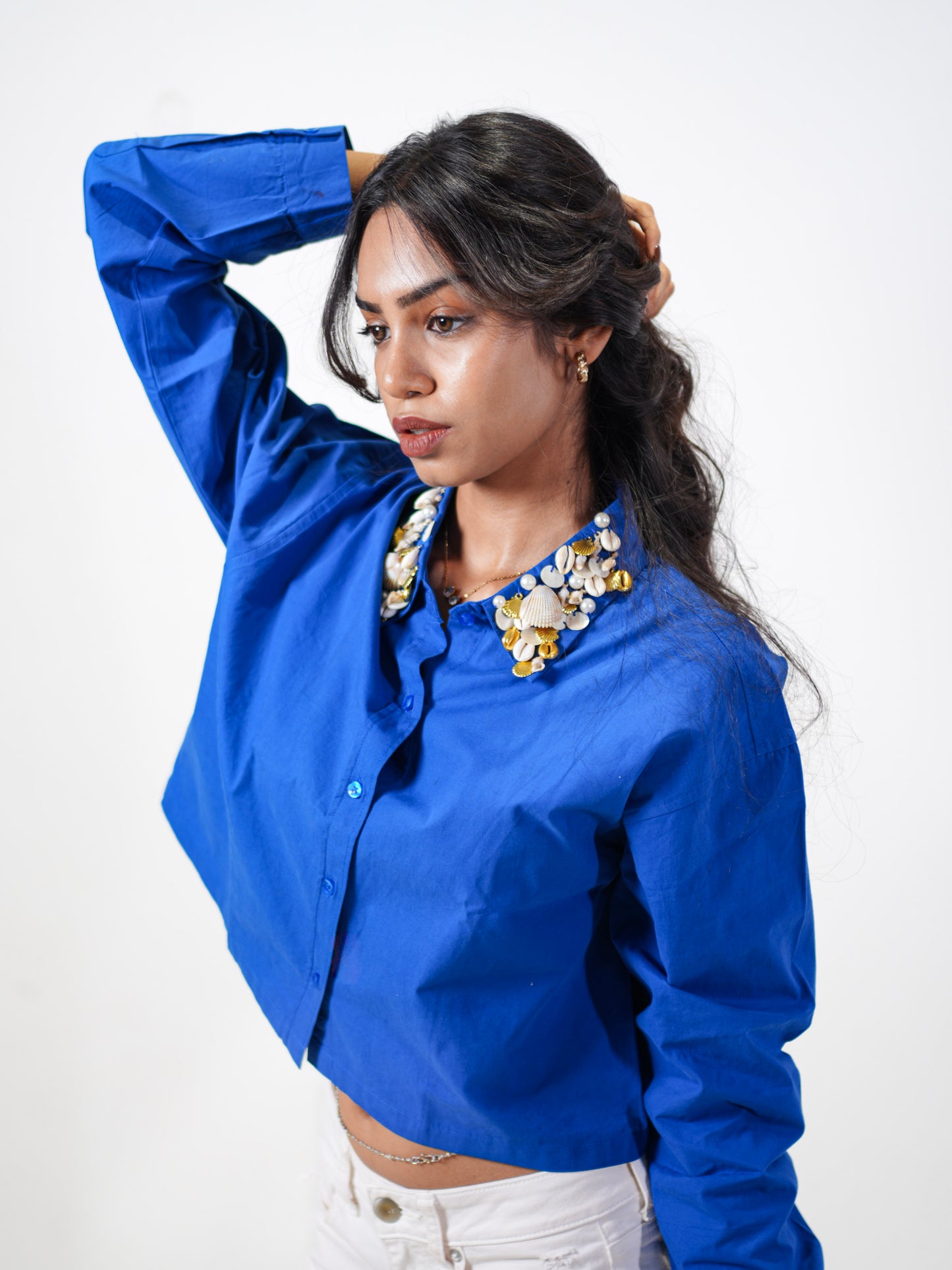 Sea Shell Embellished Handcrafted Crop Shirt Blue
