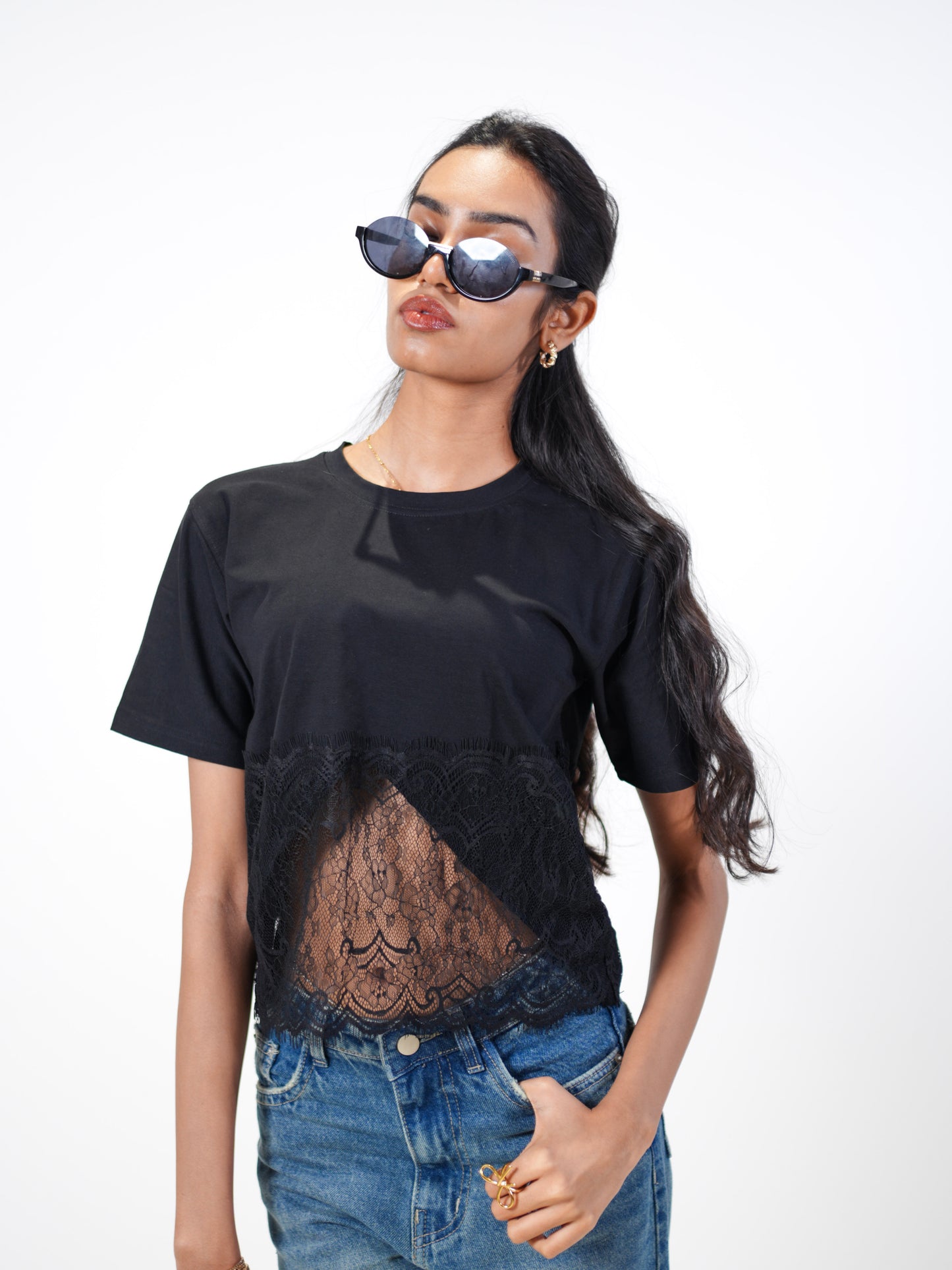 Lace Affair Embellished Handcrafted Drop Crop T-Shirt Black