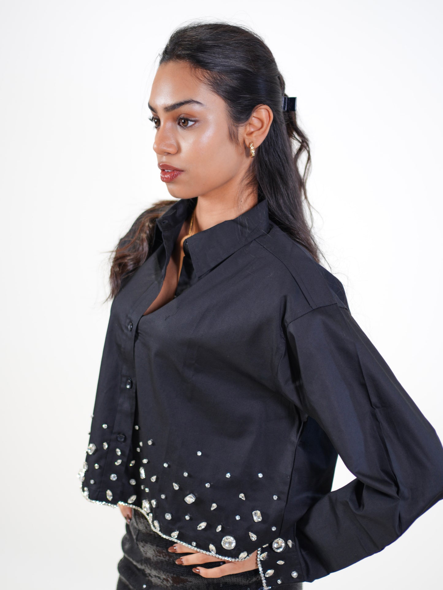 After Moon Embellish Handcrafted Crop Shirt Black