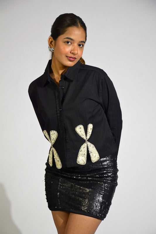 Bow Aura Charm Embellished Handcrafted Crop Shirt Black