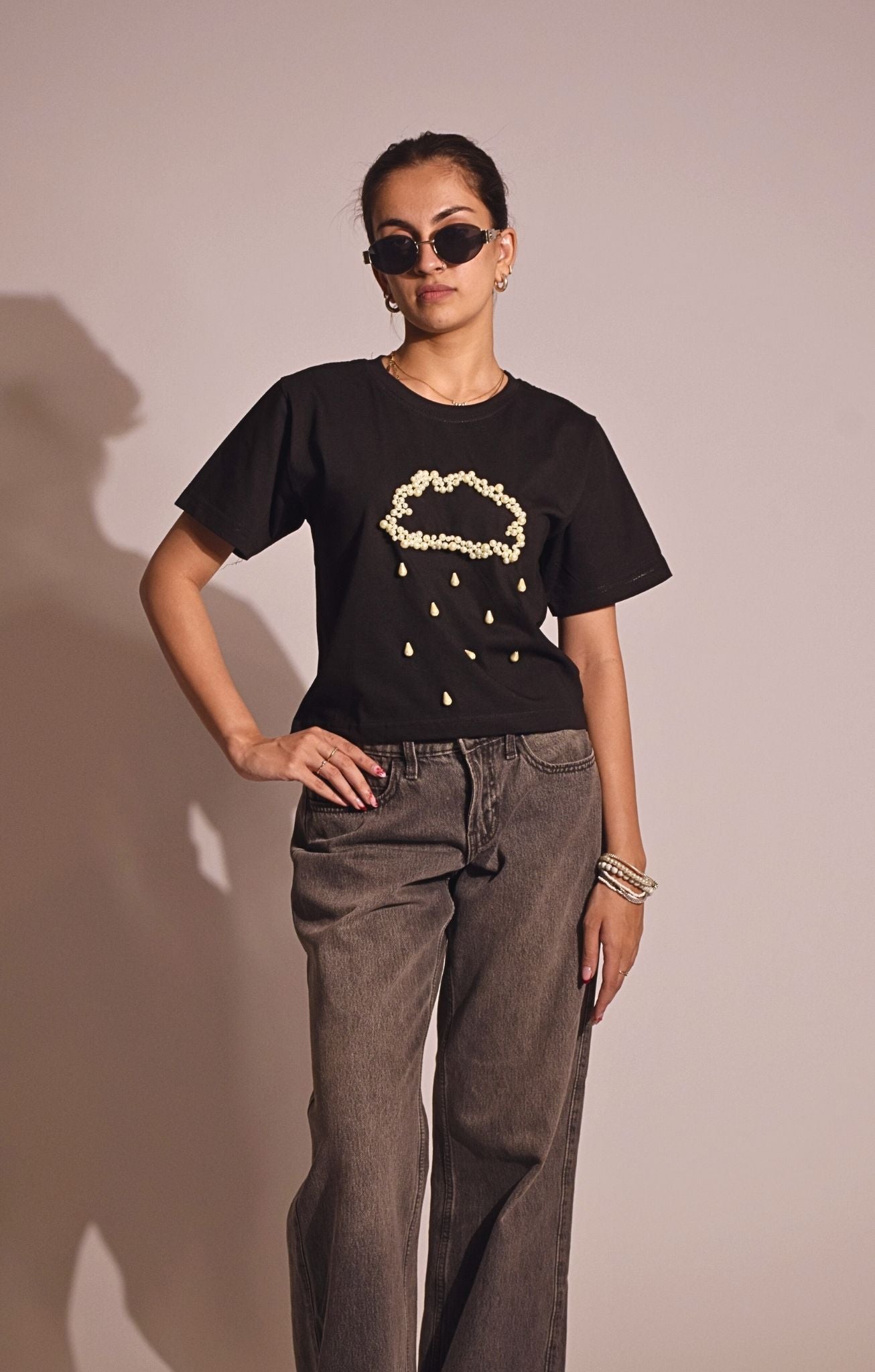 Rain Embellished Handcrafted Crop T Shirt Black