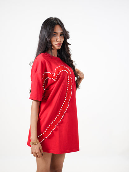 Cupid Embellished Handcrafted Oversized Tshirt Dress Red