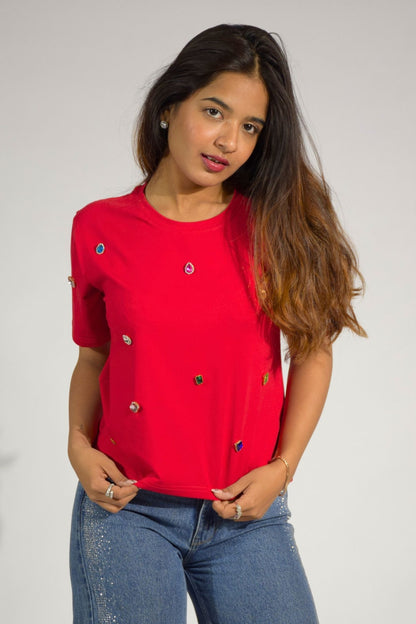 Infinity stones Embellished Handcrafted Crop T Shirt Red