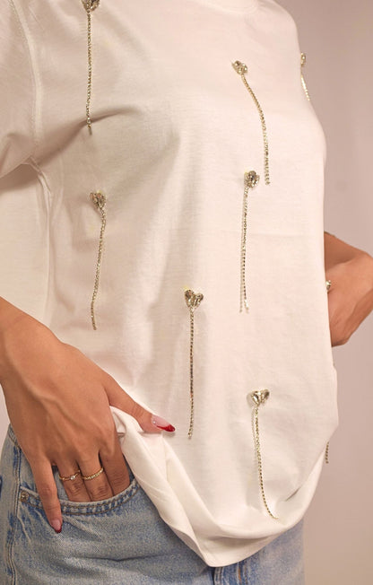 Heartdrop Embellished Handcrafted Drop oversized T-Shirt