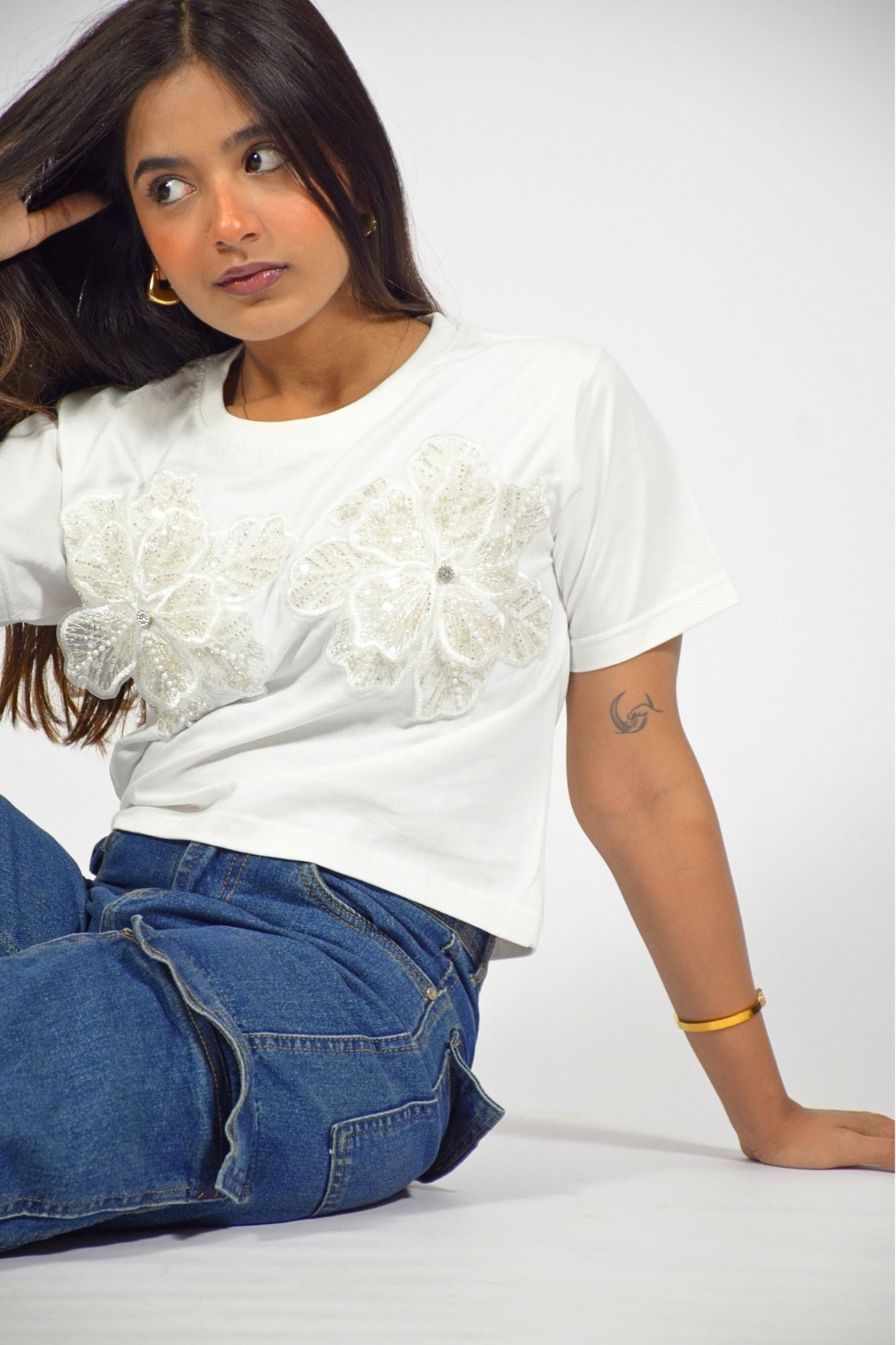 Quirky Flower Embellished Handcrafted Crop T-Shirt White