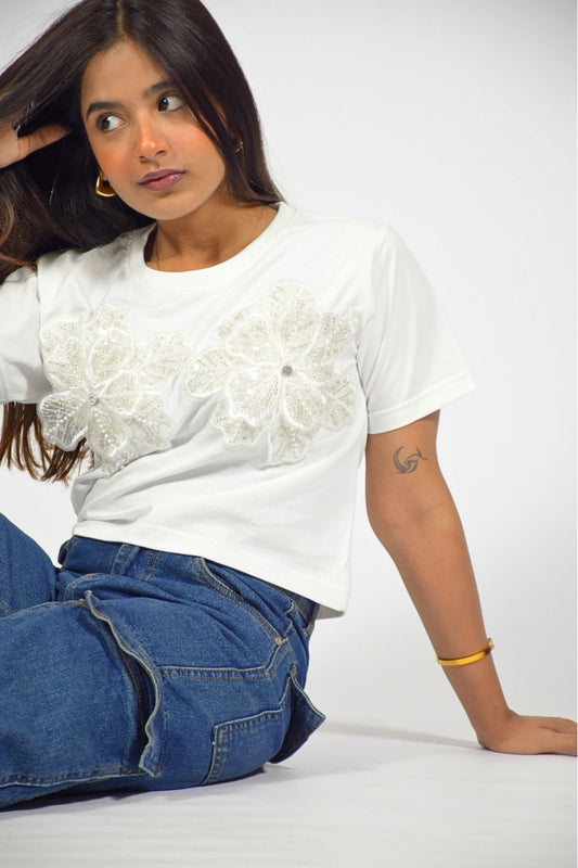 Quirky Flower Embellished Handcrafted Crop T-Shirt White