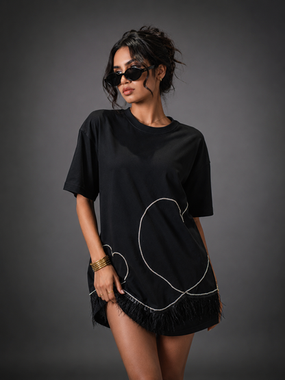 Stardust Embellished Handcrafted Oversized Tshirt Dress Black