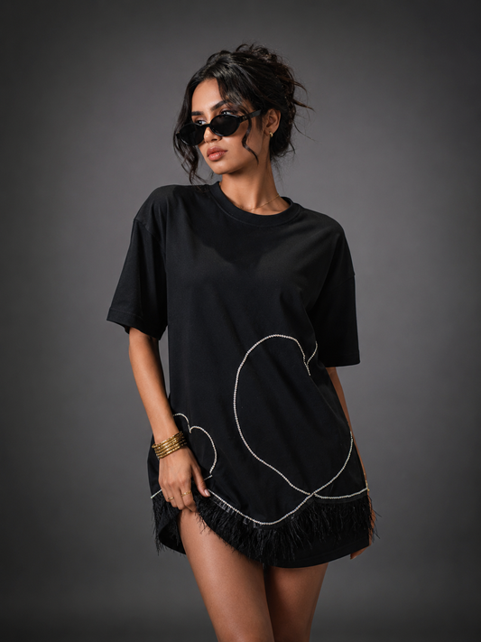 Stardust Embellished Handcrafted Oversized Tshirt Dress Black