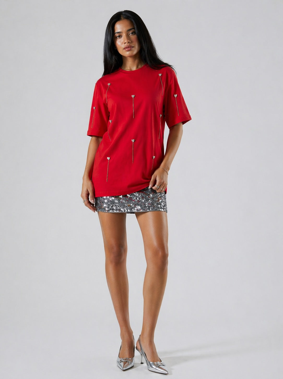 Heartdrop Embellished Handcrafted Drop oversized T-Shirt Red