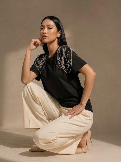 Edgy Embellished Handcrafted oversized T-Shirt Black