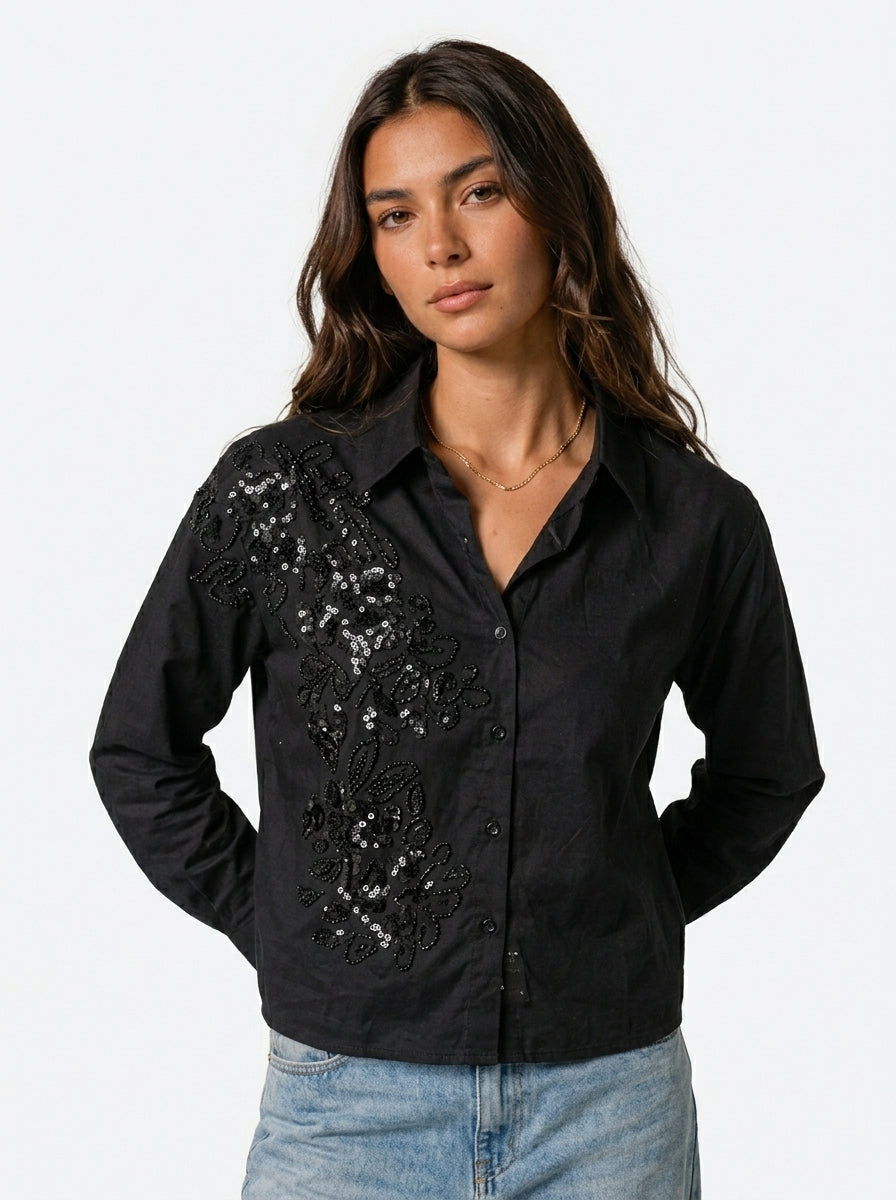 Pearl River Embellished Handcrafted Crop Shirt black
