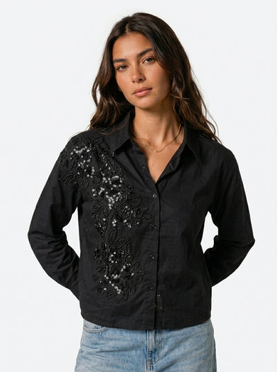 Pearl River Embellished Handcrafted Crop Shirt black