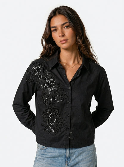 Pearl River Embellished Handcrafted Crop Shirt black