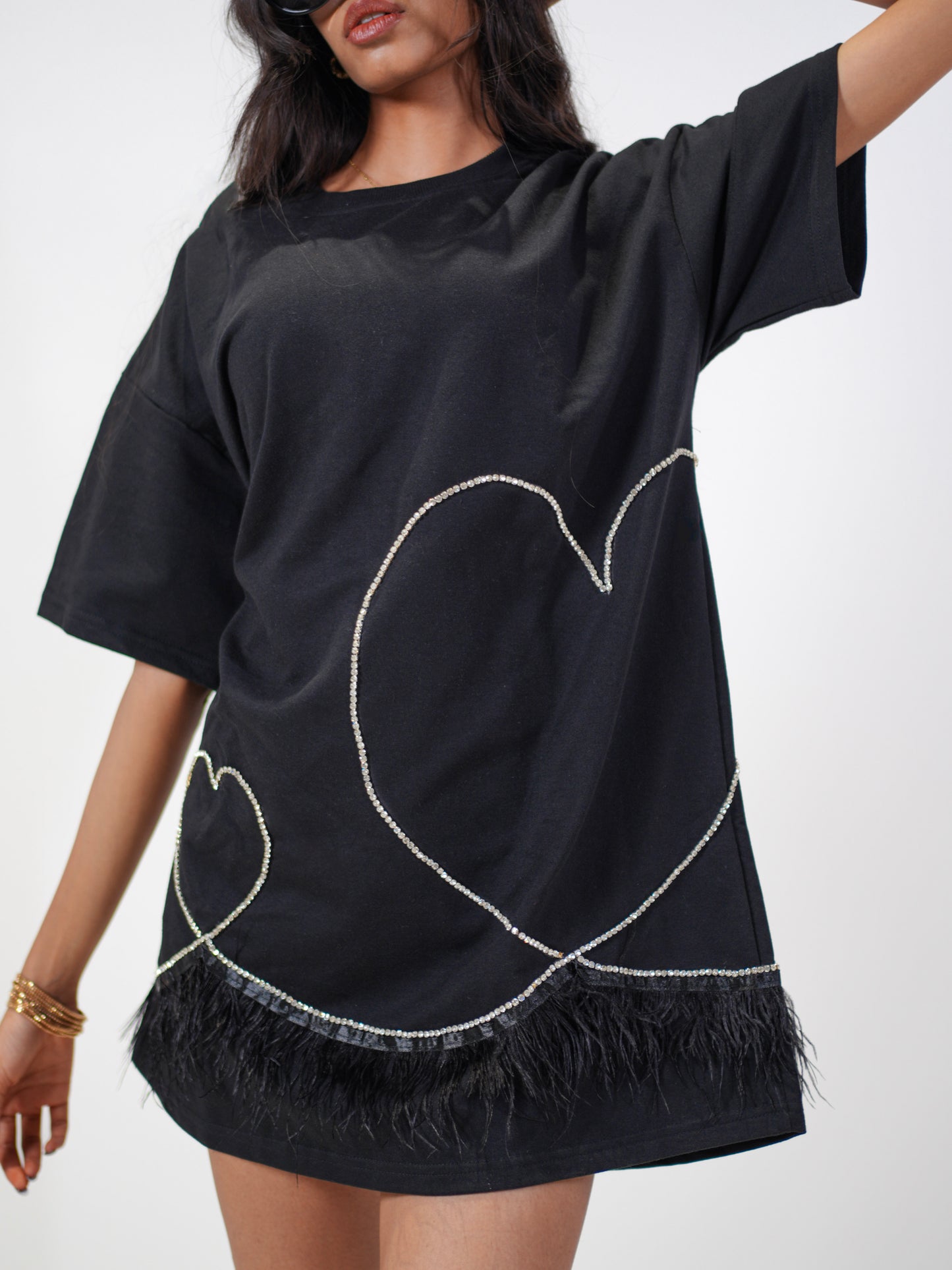 Stardust Embellished Handcrafted Oversized Tshirt Dress Black