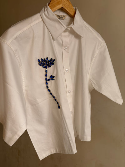 Sapphire Charm Embellished Handcrafted Crop Shirt White hover image