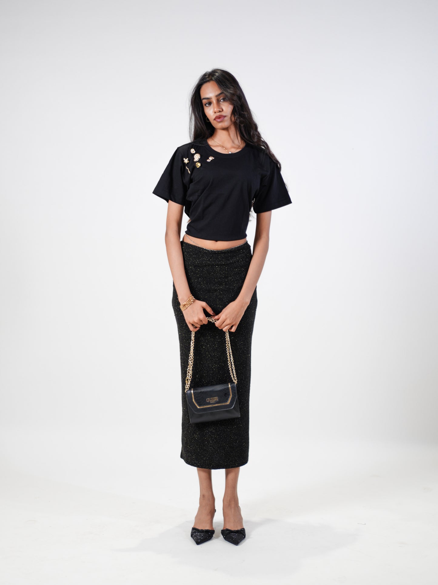Ocean Treasure Embellished Handcrafted Crop T-Shirt Black