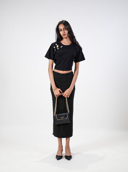 Ocean Treasure Embellished Handcrafted Crop T-Shirt Black