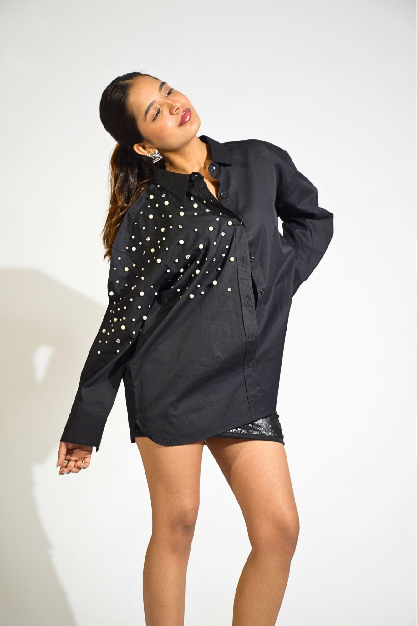 Boujee Pearl Embellished Handcrafted Oversized Shirt Black