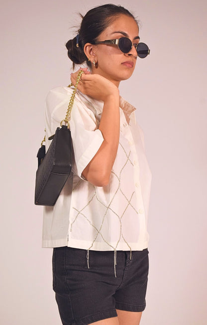 Cross Embellished Handcrafted Crop Shirt White