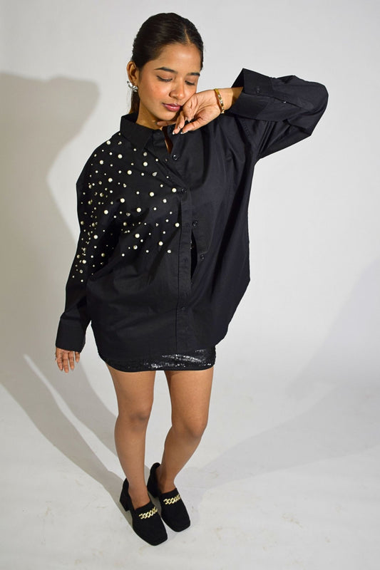 Boujee Pearl Embellished Handcrafted Oversized Shirt Black
