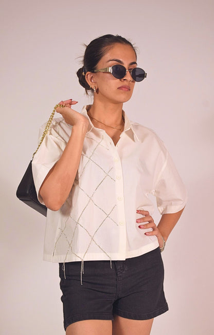 Cross Embellished Handcrafted Crop Shirt White