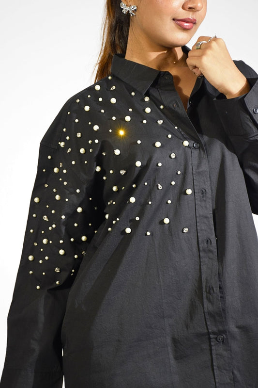 Boujee Pearl Embellished Handcrafted Oversized Shirt Black