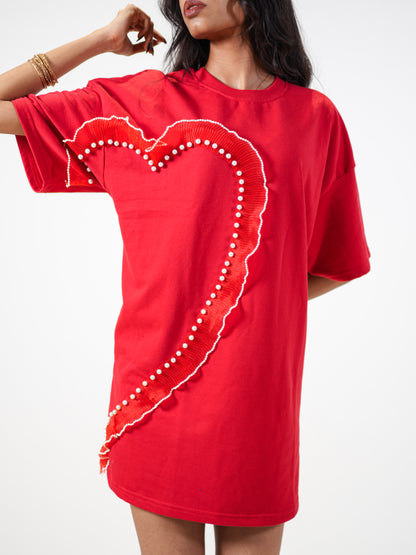 Cupid Embellished Handcrafted Oversized Tshirt Dress Red