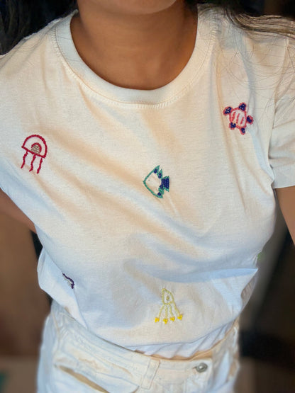 Ananya Beach Hand Embroidered Cropped T-Shirt White