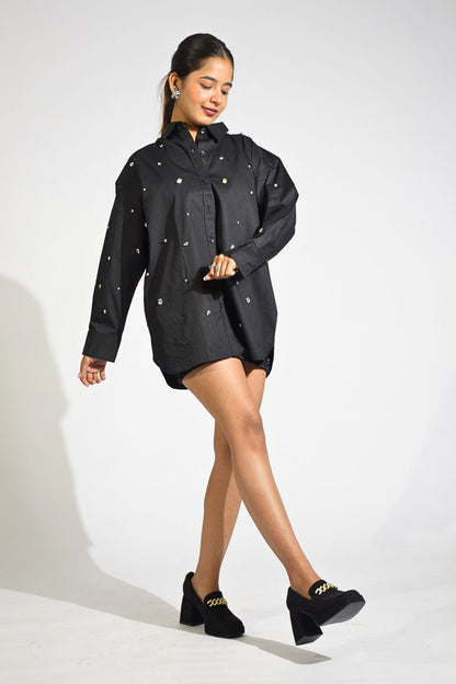 Galaxy Stone Embellished Handcrafted Oversized Shirt Black
