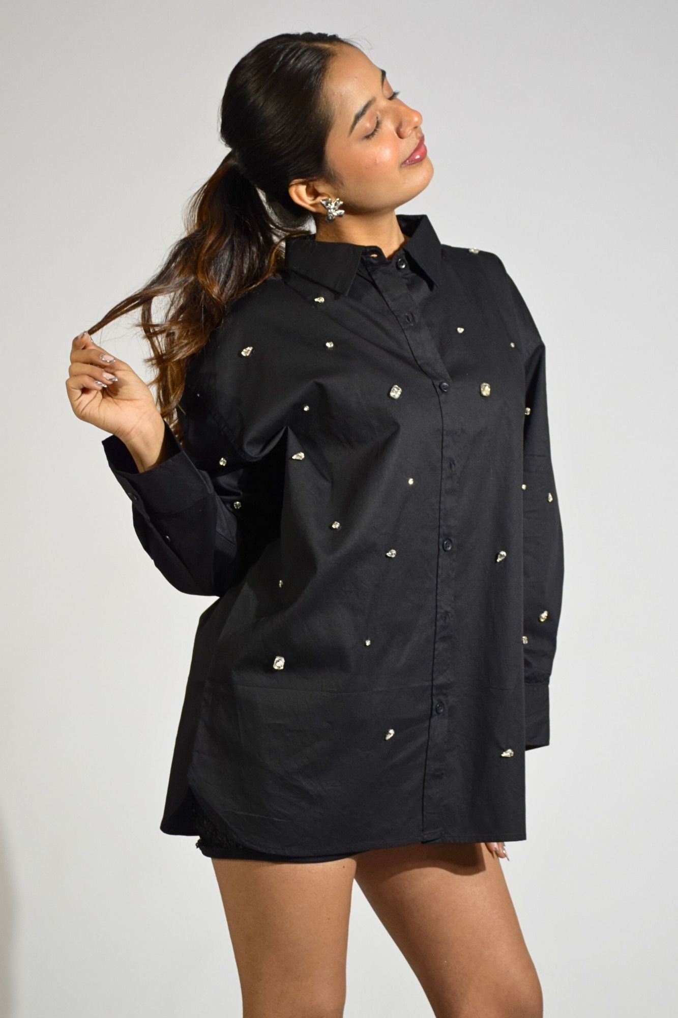 Galaxy Stone Embellished Handcrafted Oversized Shirt Black