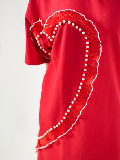 Cupid Embellished Handcrafted Oversized Tshirt Dress Red