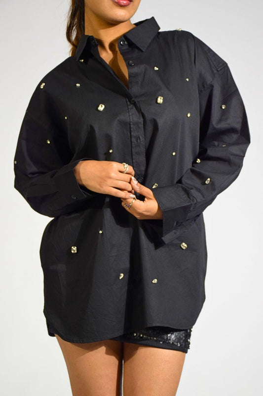 Galaxy Stone Embellished Handcrafted Oversized Shirt Black
