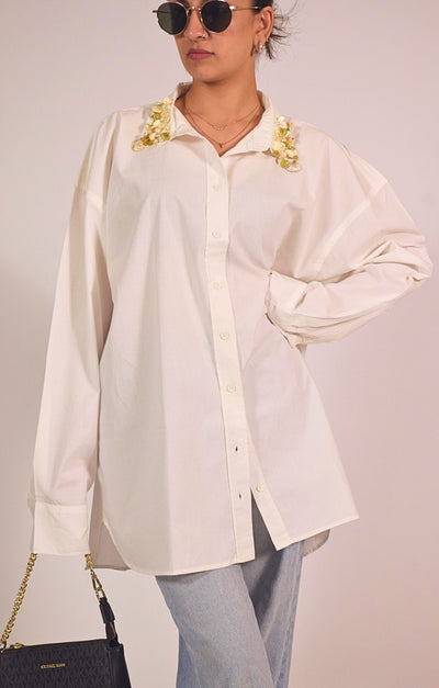 Sea Shell Embellished Handcrafted Oversized Shirt White