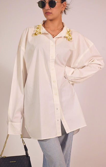 Sea Shell Embellished Handcrafted Oversized Shirt White