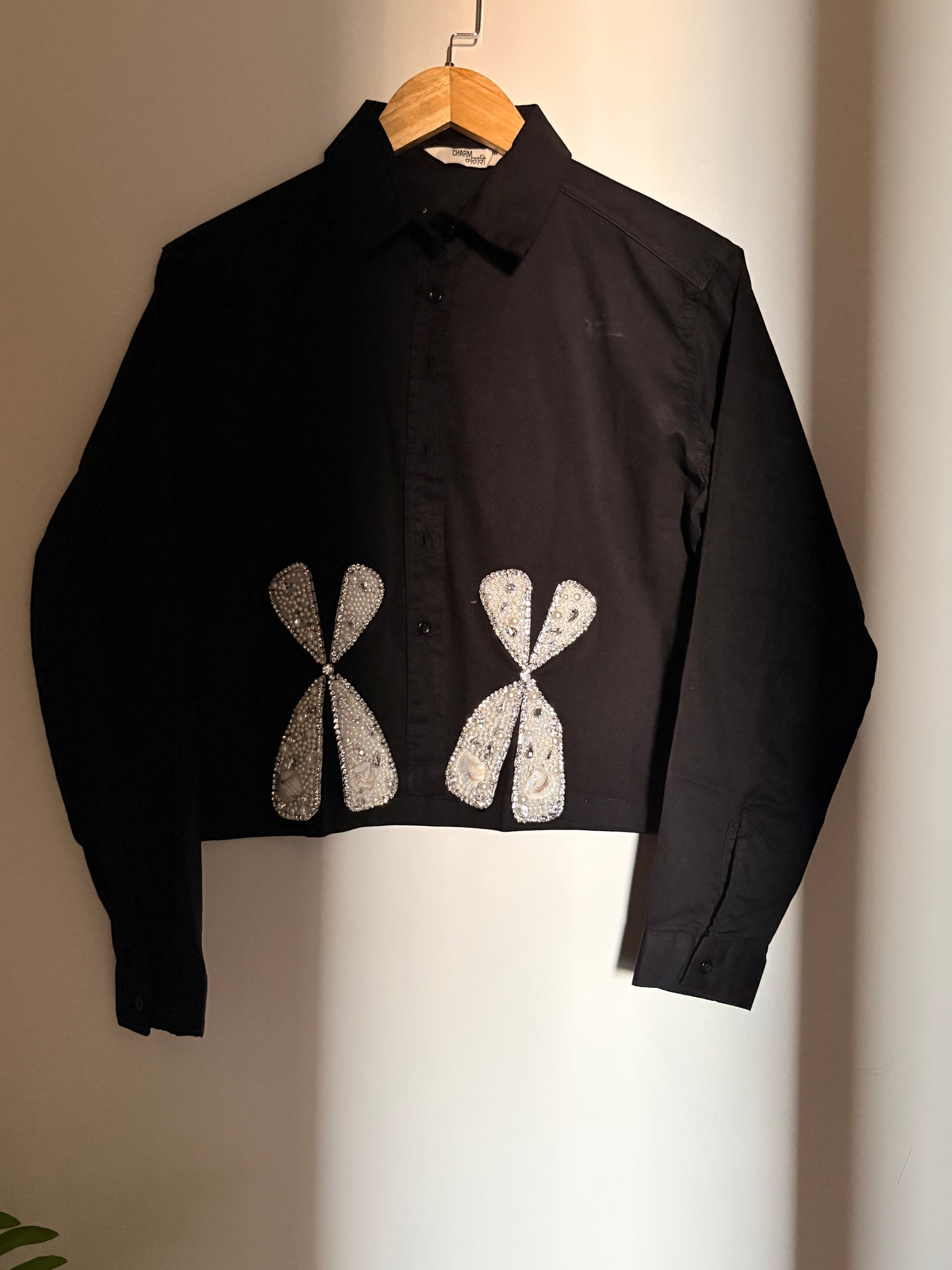 Bow aura charm embellished handcrafted crop shirt