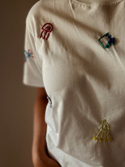 Ananya Beach Hand Embroidered Cropped T-Shirt White
