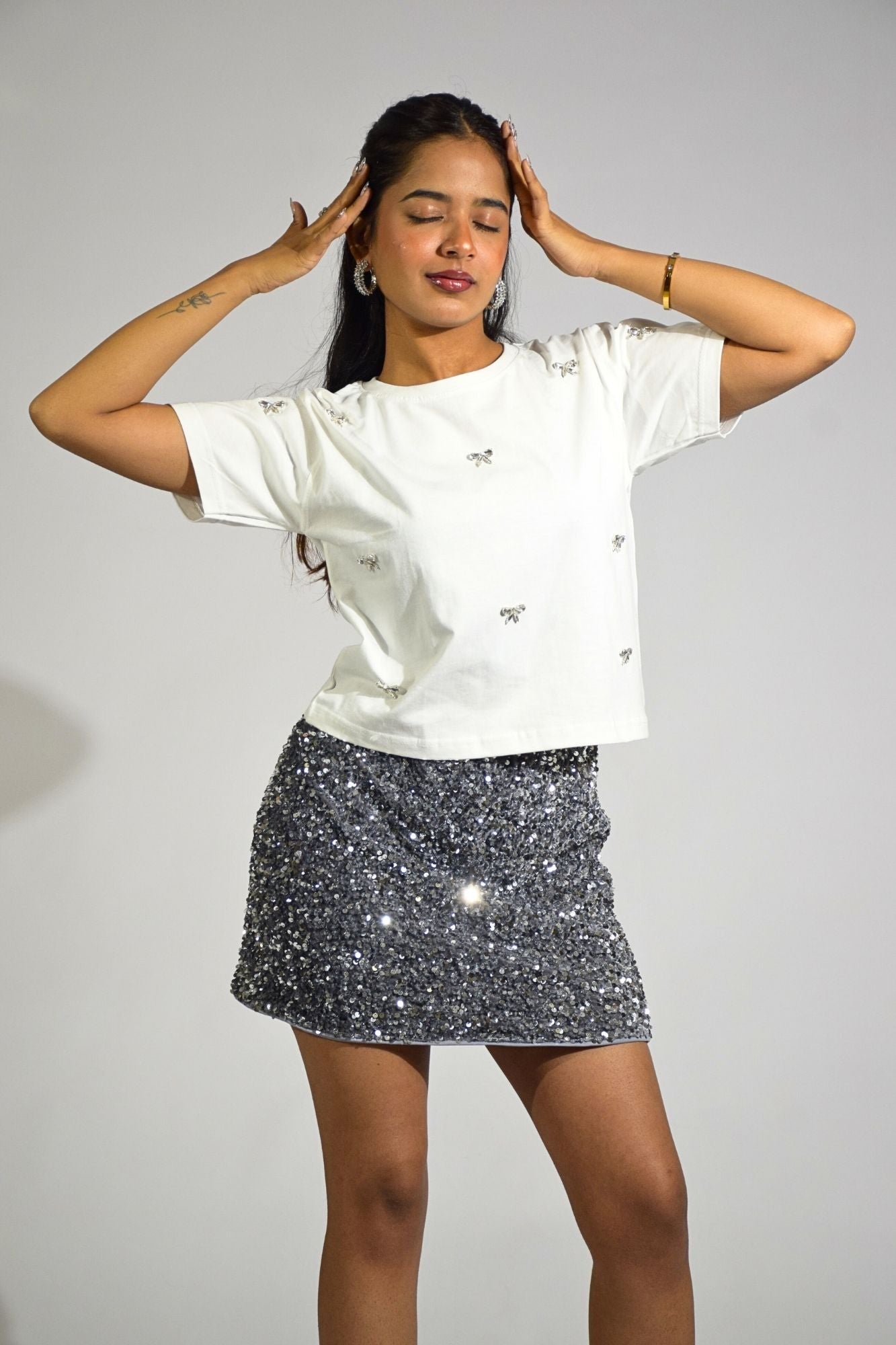 Bow Bliss Crop Embellished Handcrafted T-shirt White