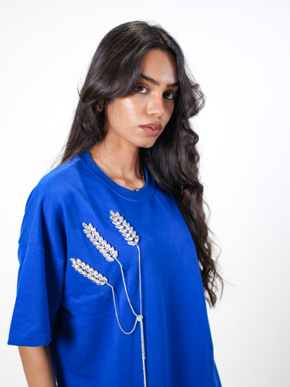 The Grain Embellished Handcrafted Oversized Tshirt Dress Blue