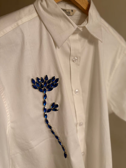 Sapphire Charm Embellished Handcrafted Crop Shirt White