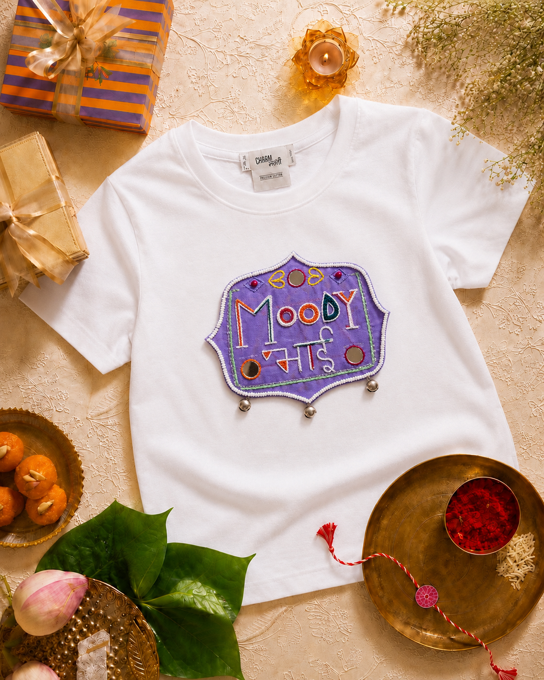 Moody Bhai Hand Embroidered oversized T Shirt White