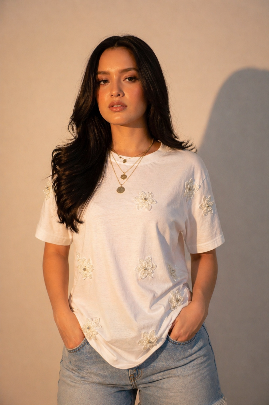 Flower Embellished Handcrafted oversized T-Shirt White