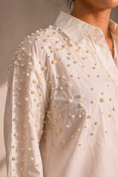Boujee Pearl Embellished Handcrafted Oversized Shirt White hover image