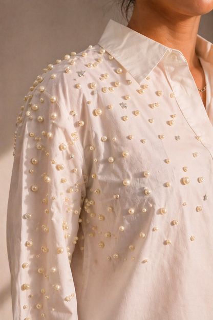 Boujee Pearl Embellished Handcrafted Oversized Shirt White