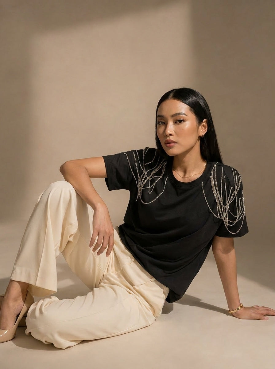 Edgy Embellished Handcrafted oversized T-Shirt Black
