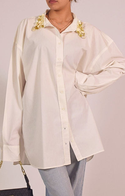 Sea Shell Embellished Handcrafted Oversized Shirt White hover image