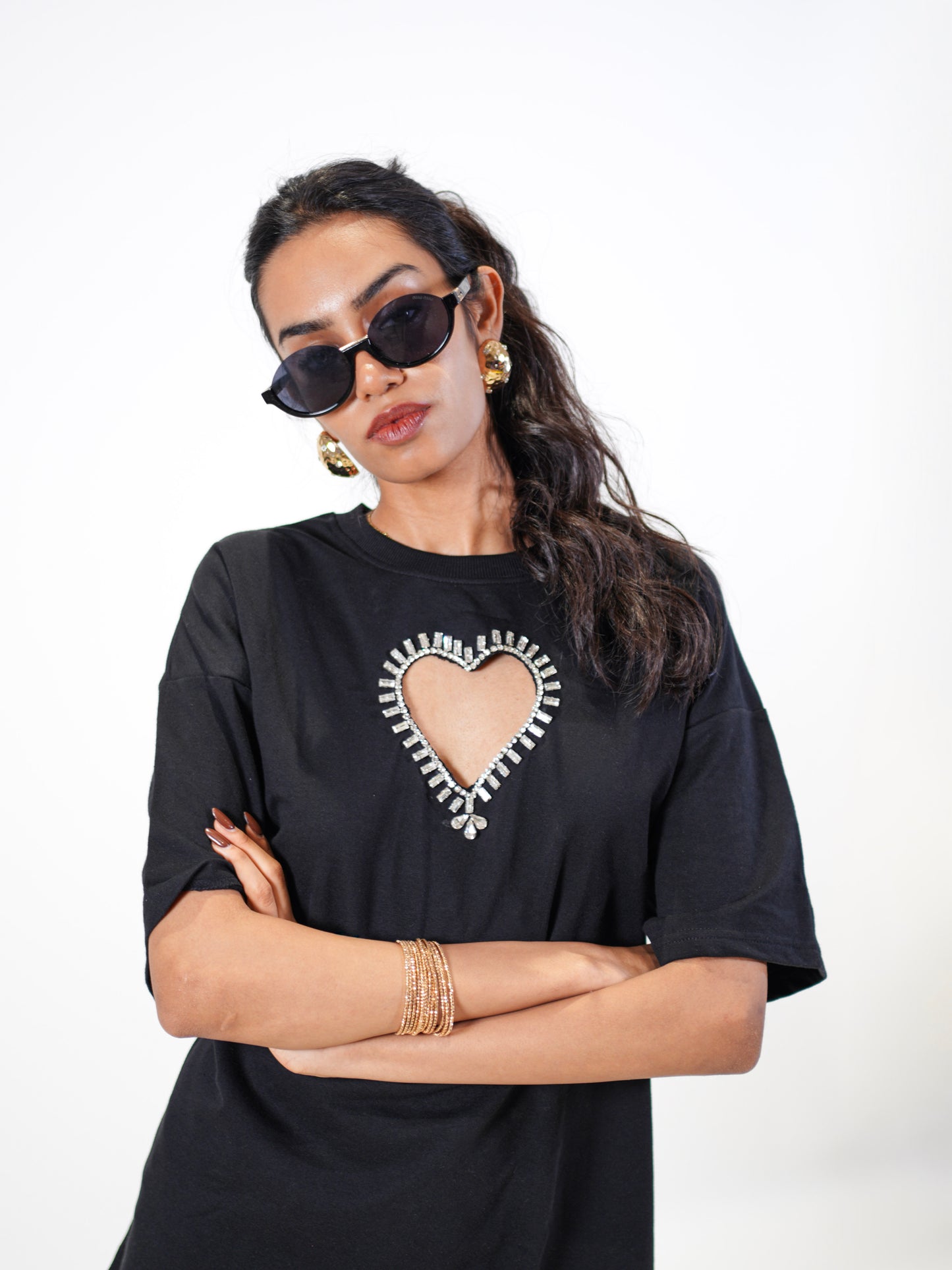 Queen of Heart Embellished Handcrafted Oversized Tshirt Dress Black