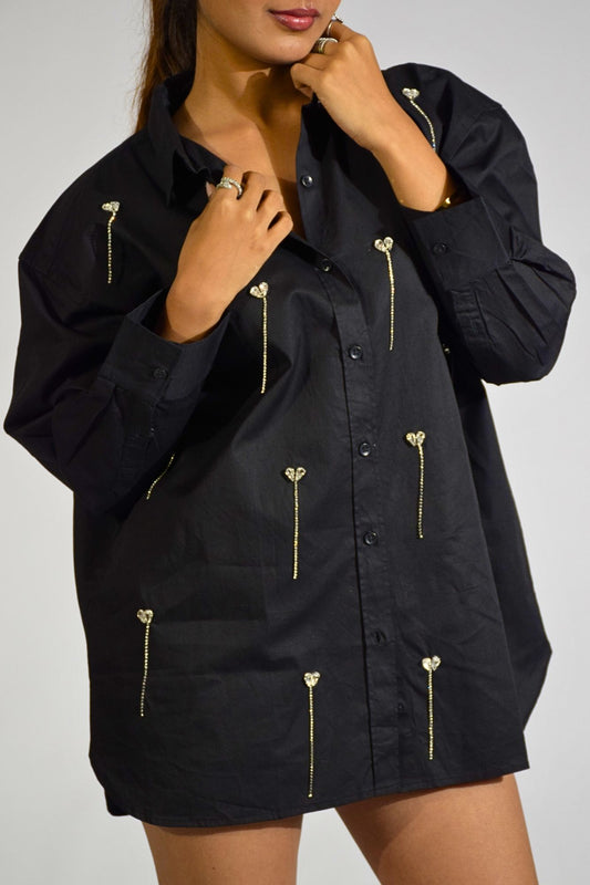 Heartdrop Embellished Handcrafted Drop oversized Shirt Black