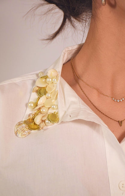Sea Shell Embellished Handcrafted Oversized Shirt White