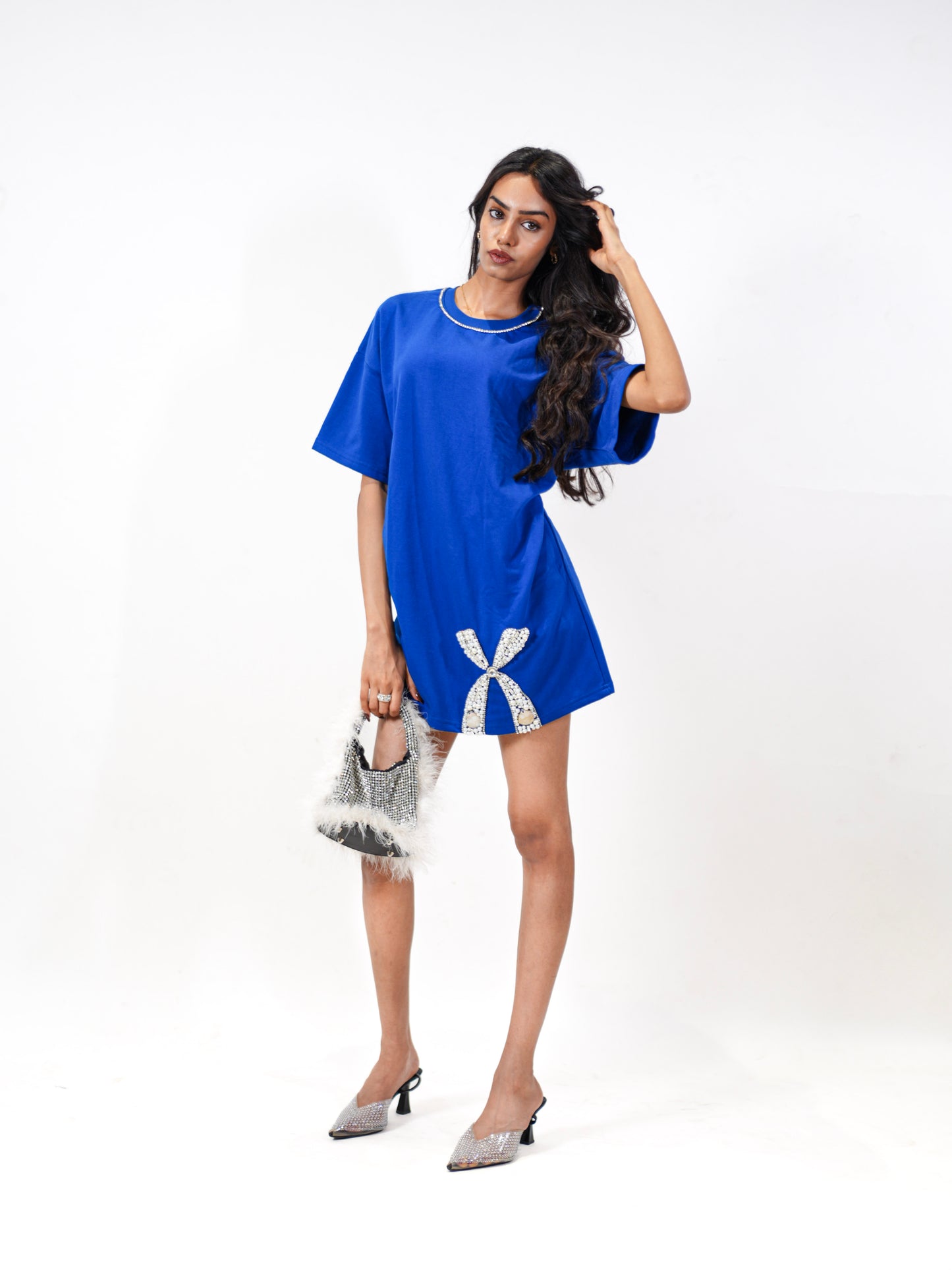 Neel Tara Embellished Handcrafted Oversized Tshirt Dress Blue