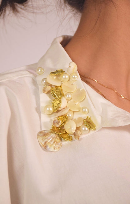 Sea Shell Embellished Handcrafted Oversized Shirt White